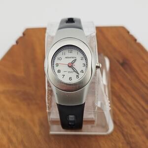 Aquatech Silver Tone Unisex Watch Artsy Bold Futuristic Avant Garde Black Band